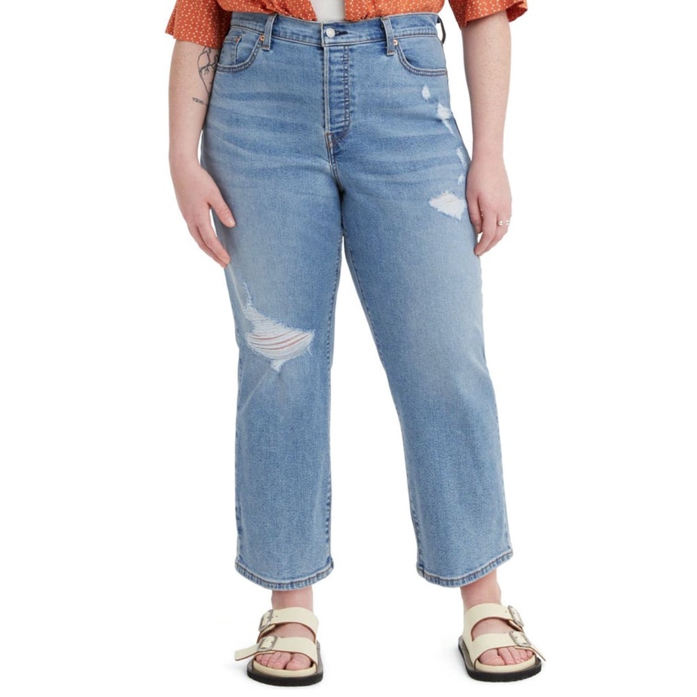 New Levi’s Medium Indigo Blue Destructed Wedgie Straight Leg Denim Jeans